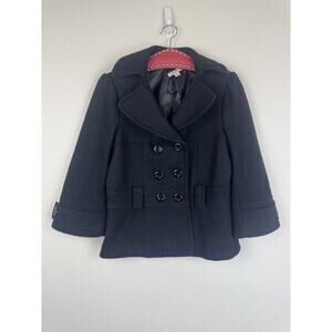 XX3 Vtg Y2K Preppy 3/4 Sleeve Cropped Wool Blend Peacoat Jacket Black Medium